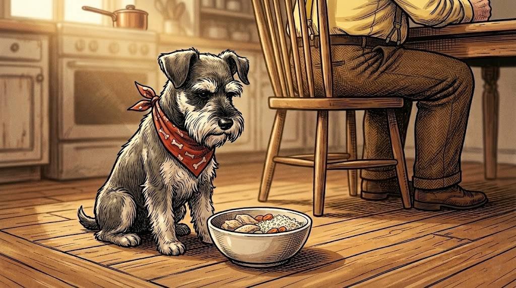 Ham, a miniature schnauzer in a red bandana, eating plain chicken and rice from his bowl on the kitchen floor while Big Guy sits in the background with his own meal