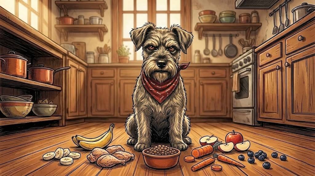 Ham, a miniature schnauzer in a red bandana, sits on a kitchen floor surrounded by safe human foods for dogs — banana slices, cooked chicken, rice, carrots, apple, and blueberries