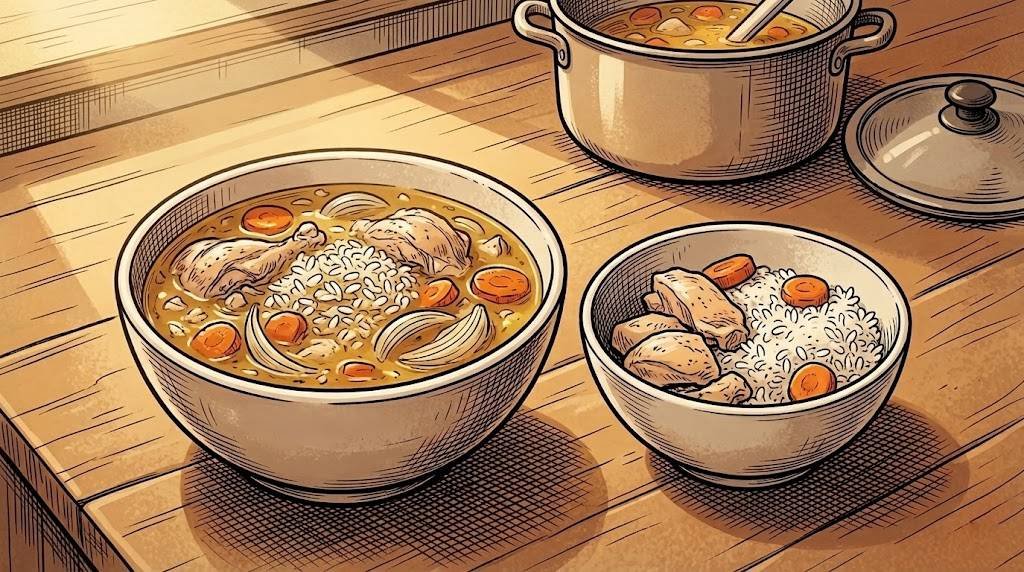 Two ceramic bowls side by side on a kitchen counter — Big Guy's chicken soup with broth and onion, next to Ham's plain dog-safe portion of chicken, rice, and carrots