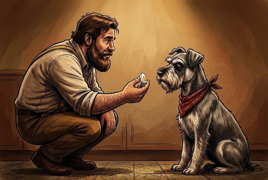 Big Guy in yellow suspenders crouching down to offer a piece of hard-boiled egg to miniature schnauzer Ham, who pulls back suspiciously.