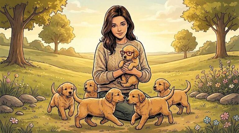 The Therapist holding a tiny puppy Alfred in her arms wearing only his red glasses, with golden retriever puppies playing around her feet
