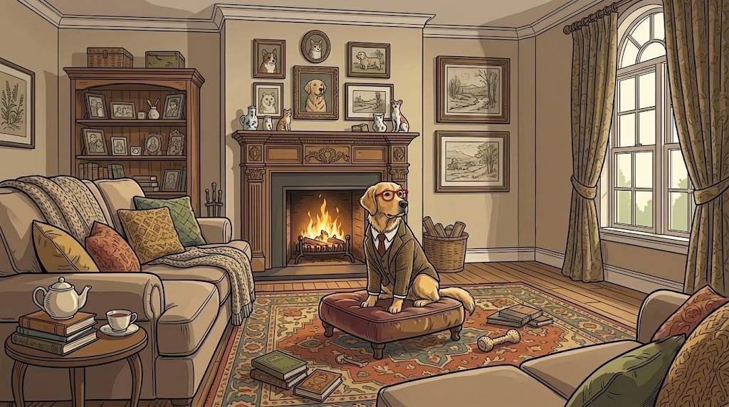 Golden retriever sitting near a window with a wall clock in the background