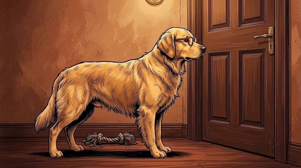 Golden retriever standing tensely near a closed door with an untouched chew toy