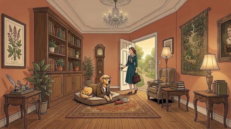 Golden retriever lying calmly on his bed as owner leaves for work