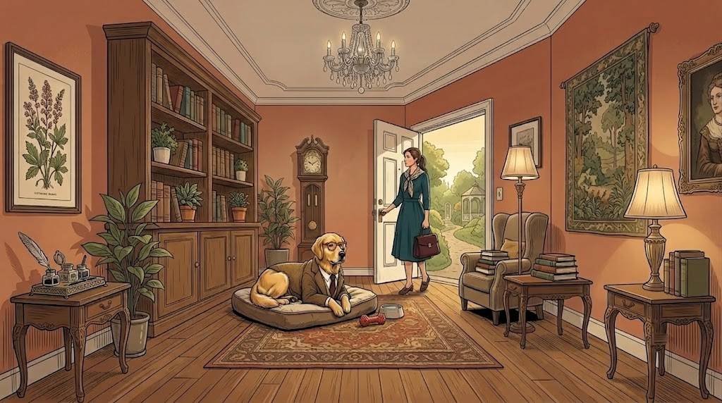 Golden retriever lying calmly on his bed as owner leaves for work
