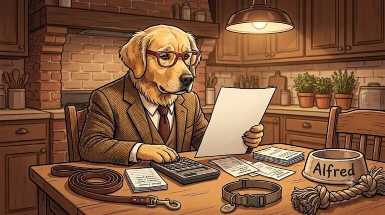 Alfred the golden retriever reviews dog ownership costs with receipts, a calculator, and dog supplies on a kitchen table.