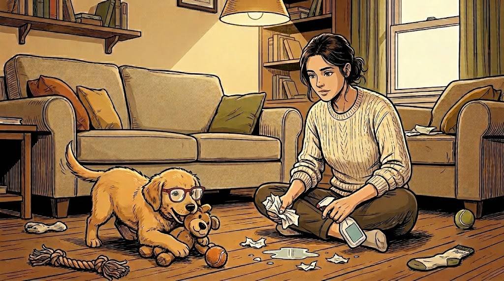 Puppy Alfred playing happily on the living room floor while the Therapist cleans up, illustrating the reality of the first weeks with a new dog