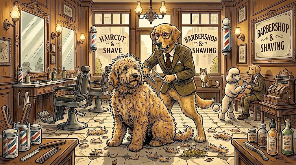 Alfred the golden retriever attempting to groom an overgrown Goldendoodle with scissors, illustrating high grooming needs in certain breeds