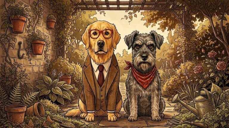 Alfred and Ham sitting together in the garden — two dogs or one