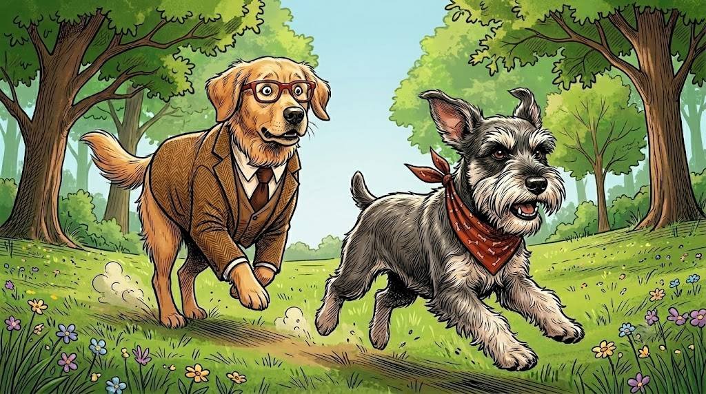 Alt text: Ham the miniature schnauzer running ahead of Alfred the golden retriever in a park