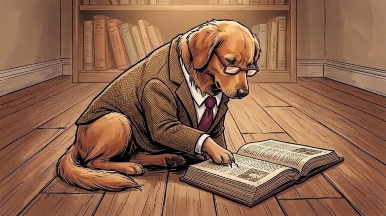 Alfred the golden retriever reading a dog breed book on the floor