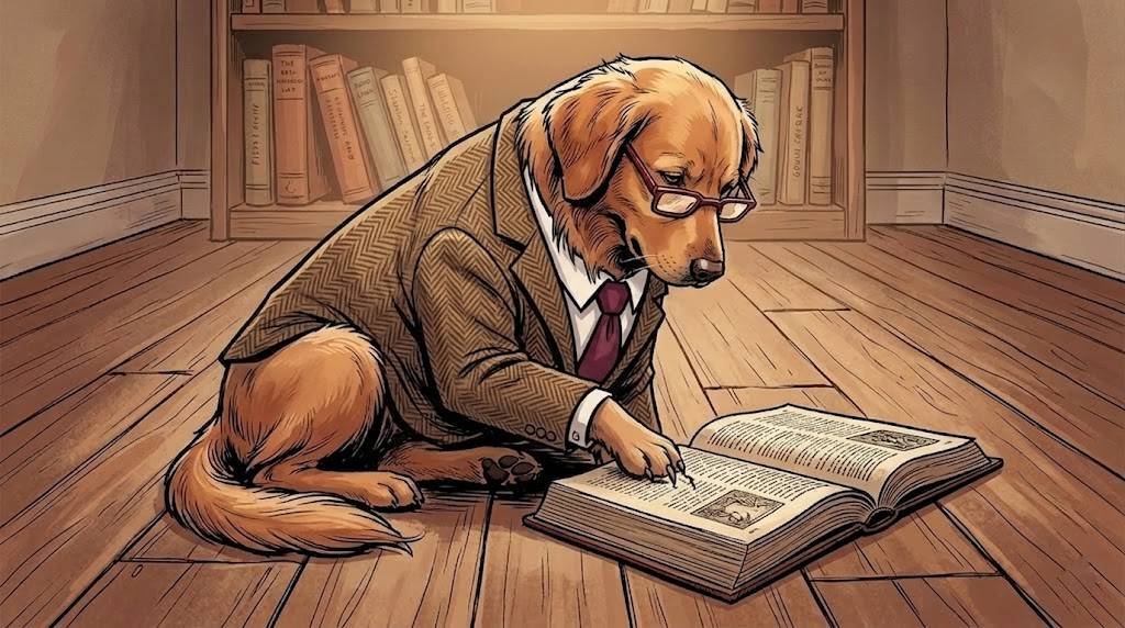 Alfred the golden retriever reading a dog breed book on the floor