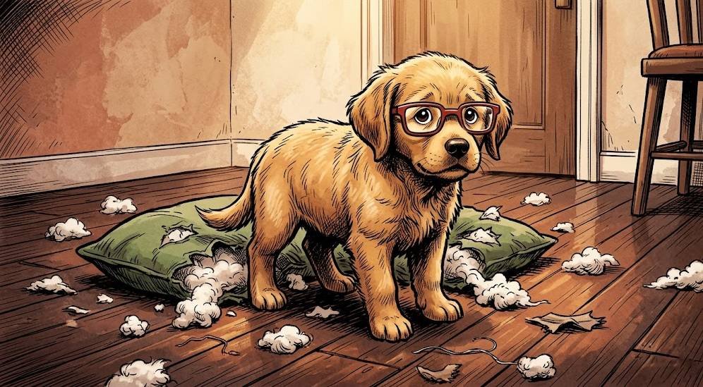 Alfred the golden retriever puppy sitting guiltily next to a chewed-up cushion