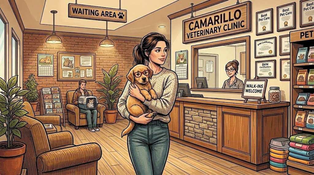 Woman carrying a golden retriever puppy to the veterinary clinic