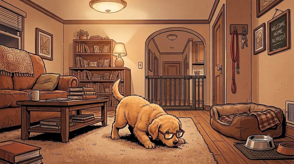 Golden retriever puppy exploring a prepared living room before arriving home