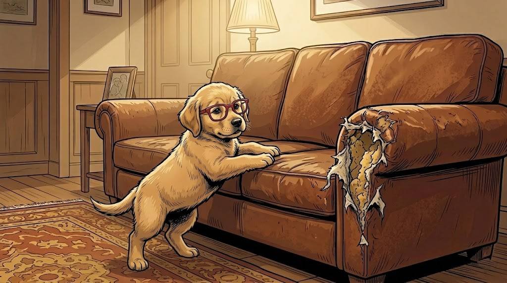 Alfred the golden retriever standing beside a sofa with a torn corner, representing the supervision a puppy requires