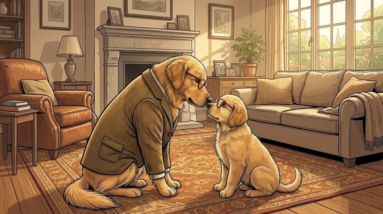 Adult Alfred in his tweed jacket meeting puppy Alfred nose to nose, representing the puppy vs adult dog choice