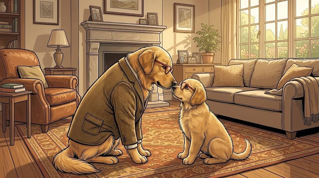 Adult Alfred in his tweed jacket meeting puppy Alfred nose to nose, representing the puppy vs adult dog choice