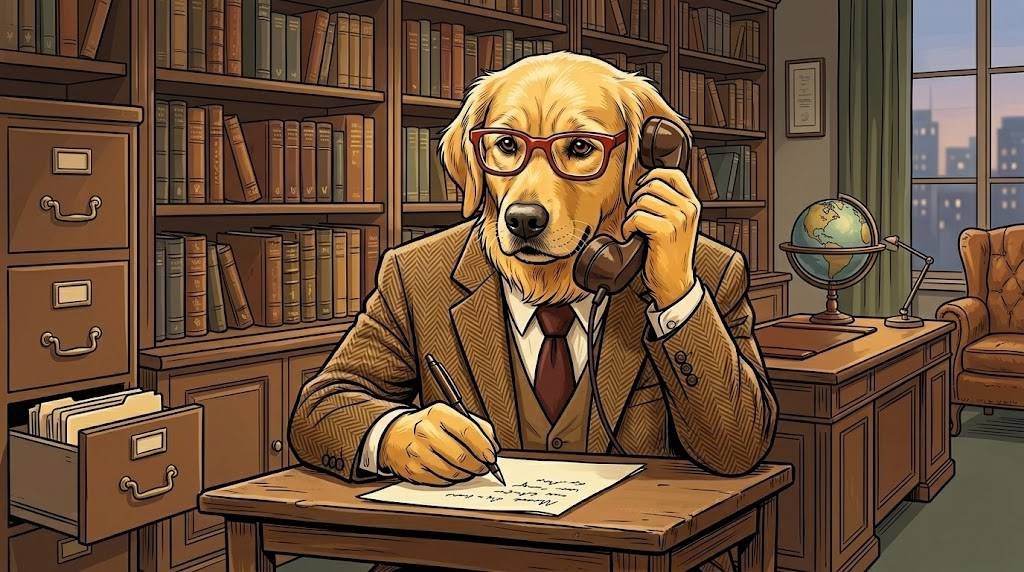 Alfred the golden retriever on the phone taking notes, representing breeder due diligence questions