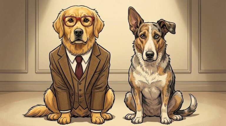Alfred the golden retriever in his tweed jacket sitting beside a funny-looking mixed-breed dog, both looking at the camera, illustrating purebred vs mixed breed dogs
