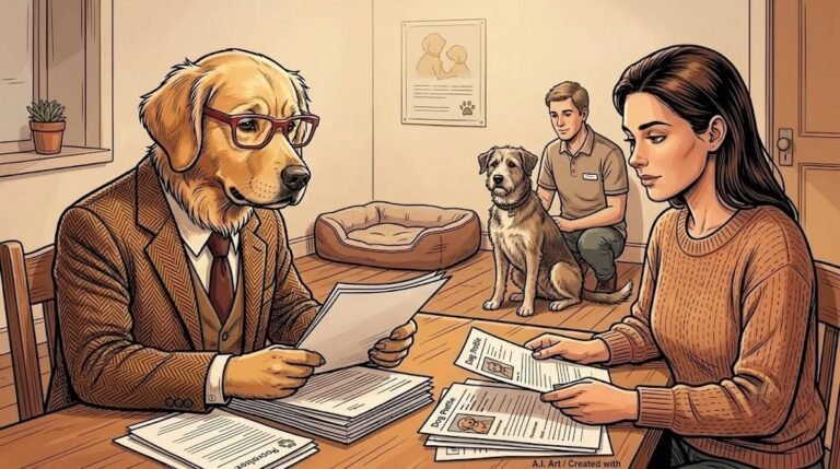 Alfred and The Therapist review rescue dog adoption papers while a calm rescue dog waits with a shelter volunteer.