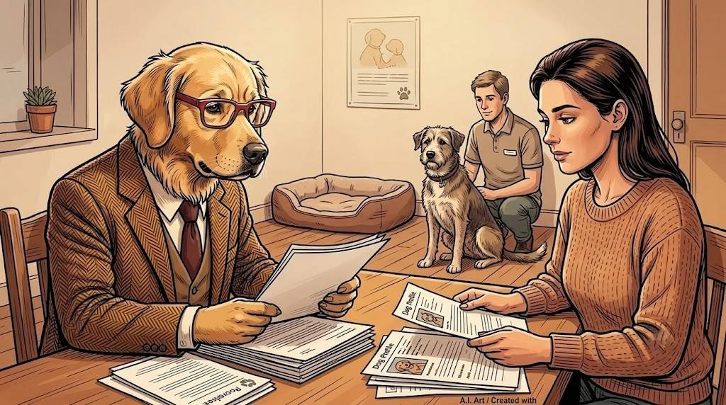 Alfred and The Therapist review rescue dog adoption papers while a calm rescue dog waits with a shelter volunteer.