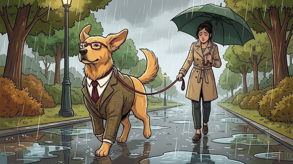 Alfred the golden retriever walking enthusiastically in the rain while his tired owner holds an umbrella, illustrating overestimating your future self before getting a dog