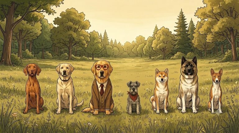 Alfred and Ham sitting in a line with six other dog breeds outdoors, illustrating how different breeds suit different lifestyles