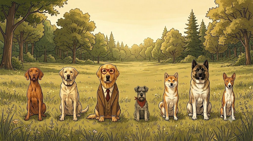 Alfred and Ham sitting in a line with six other dog breeds outdoors, illustrating how different breeds suit different lifestyles