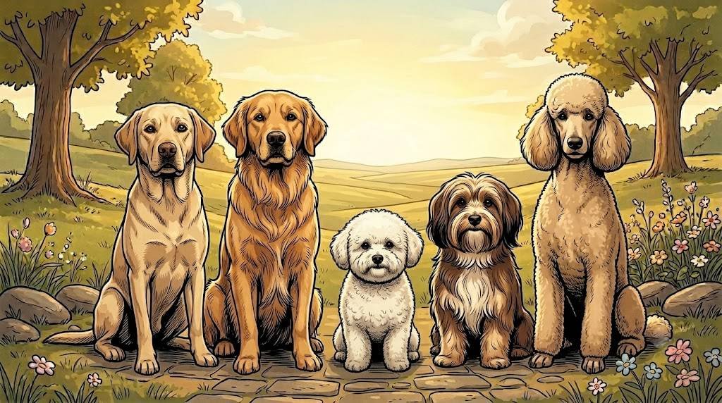 Labrador Retriever, Golden Retriever, Bichon Frise, Havanese and Standard Poodle sitting in a row, representing breeds that give first-time owners more room to learn