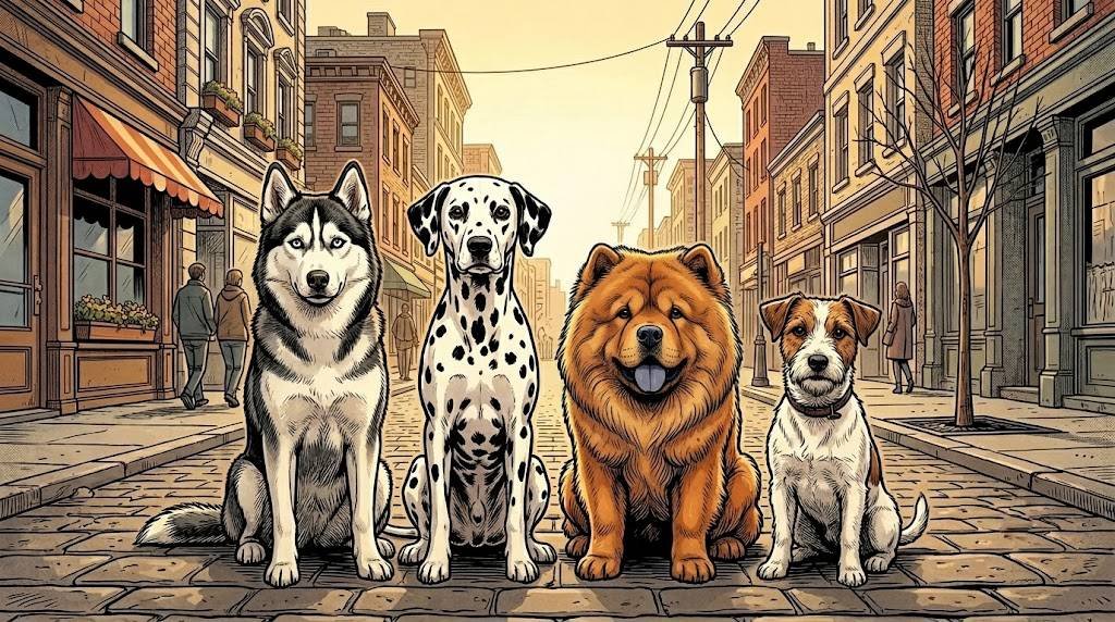 Siberian Husky, Dalmatian, Chow Chow and Jack Russell Terrier sitting in a row on a city street, representing breeds that look easy but often aren't