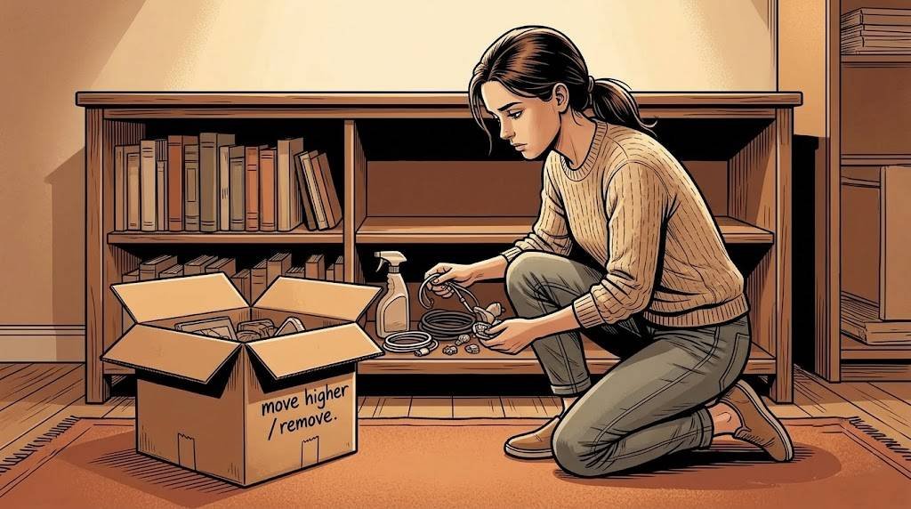 Person removing cables and cleaning products from a low shelf before bringing a dog home