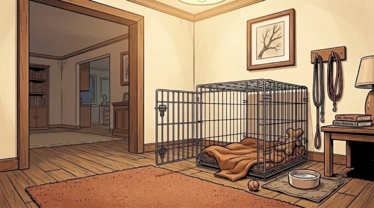A calm corner with an open crate, water bowl set up as a dog's first safe zone