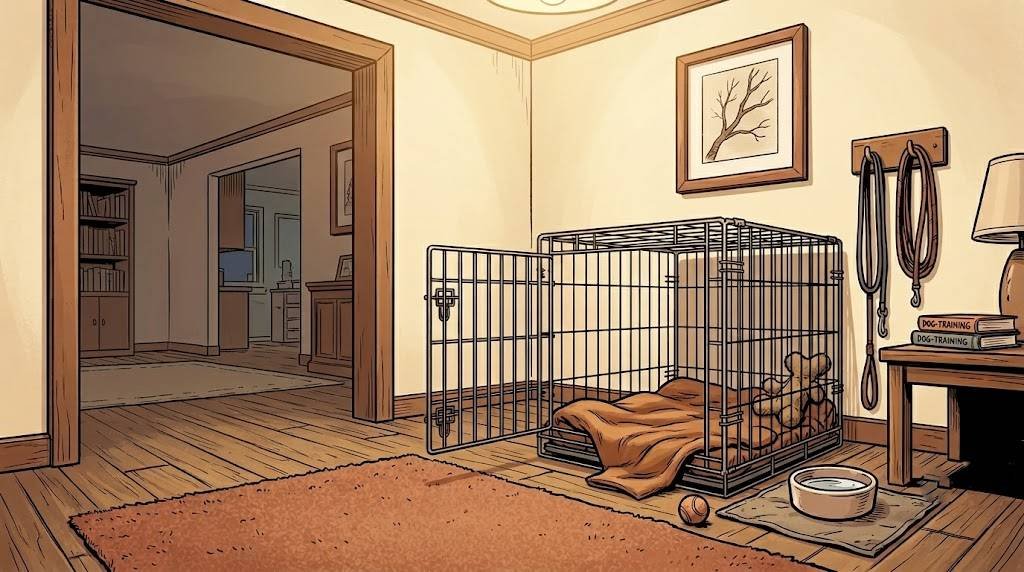 A calm corner with an open crate, water bowl set up as a dog's first safe zone