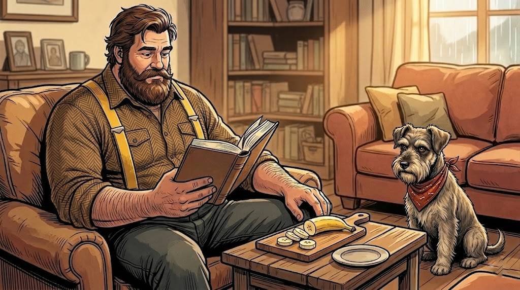 Big Guy reading on a couch beside a coffee table with sliced banana, while Ham — a miniature schnauzer in a red bandana — watches the banana from the floor