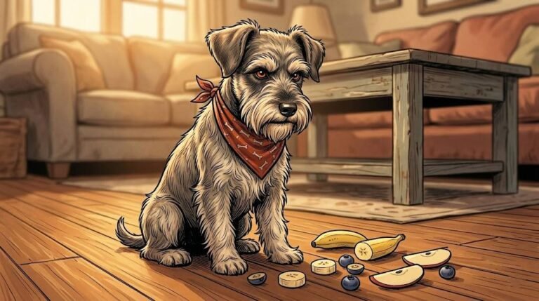 Ham, a miniature schnauzer in a red bandana, sitting on a living room floor with banana slices and dog-safe fruits in front of him