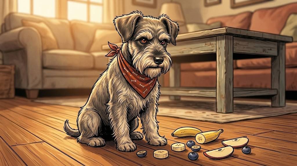 Ham, a miniature schnauzer in a red bandana, sitting on a living room floor with banana slices and dog-safe fruits in front of him