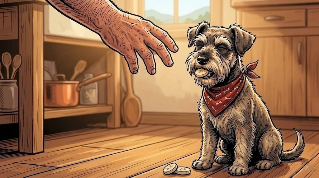 Ham, a miniature schnauzer in a red bandana, eating a banana slice on the kitchen floor while Big Guy's hand is partially visible offering it
