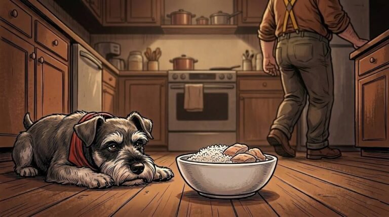 Miniature Schnauzer with red bandana lying on kitchen floor next to a plain bowl of rice and turkey
