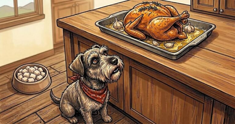 Ham the miniature schnauzer in red bandana looks up longingly at a roasted chicken on the kitchen counter above him.
