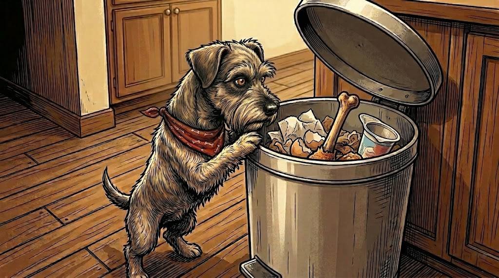 Ham reaches into a trash can toward a cooked chicken bone, showing why cooked bones are dangerous for dogs.