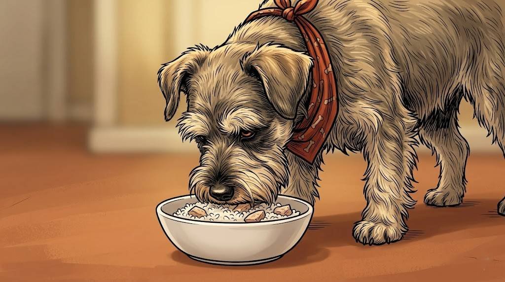 Miniature Schnauzer with red bandana eating slowly from a plain bowl of white rice and turkey on a kitchen floor