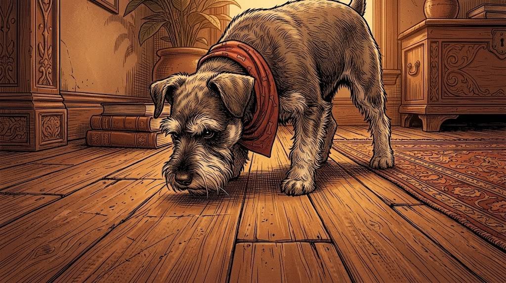 Miniature Schnauzer sniffing the floor while exploring a new home